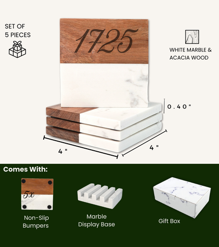 Set of 4 wooden and marble display pieces with dimensions and product details.