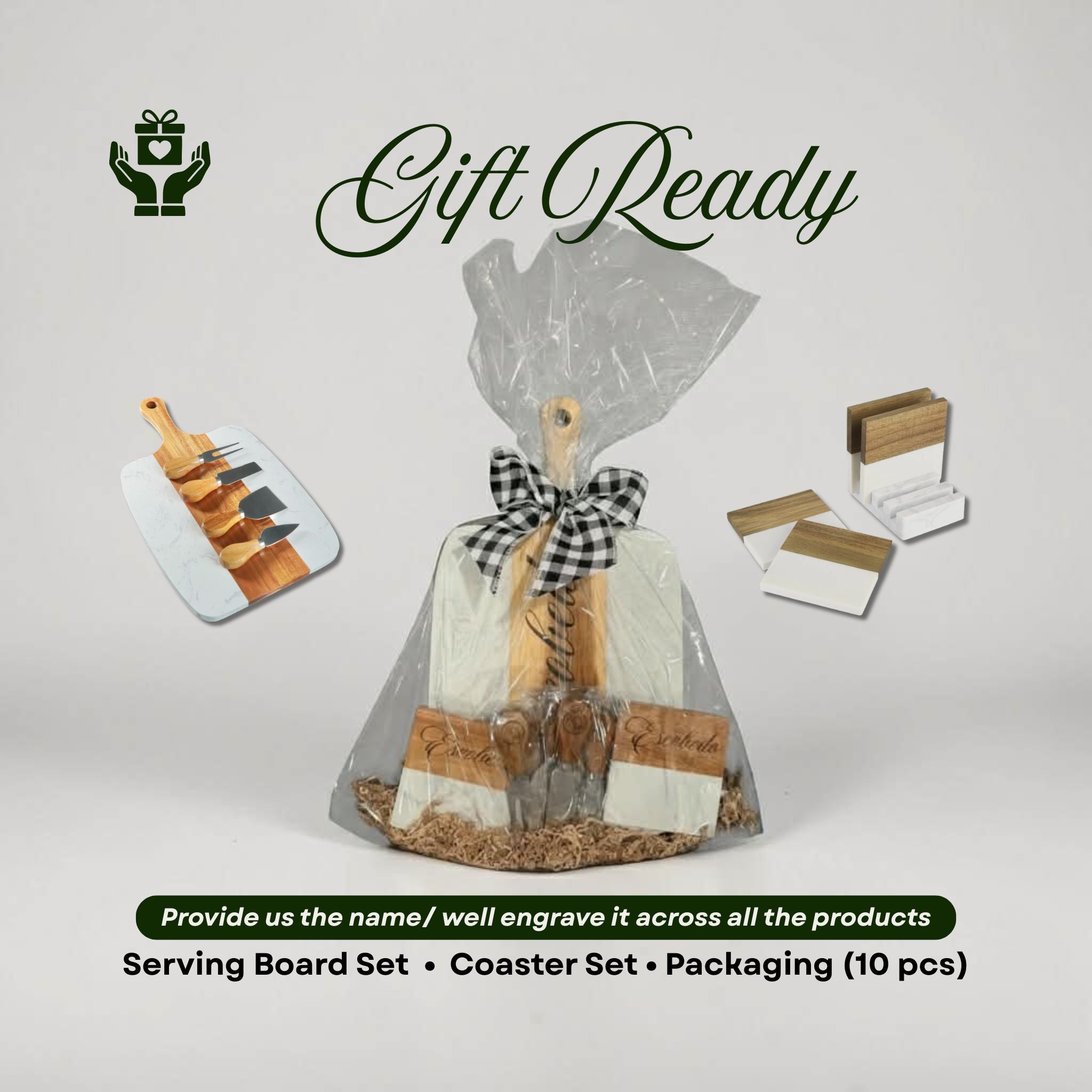 Gift ready personalized serving board and coaster set, engraved with your name for a memorable housewarming gift.