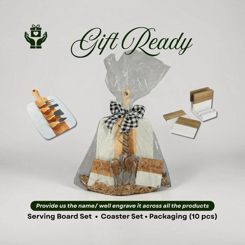 Gift ready personalized serving board and coaster set, engraved with your name for a memorable housewarming gift.