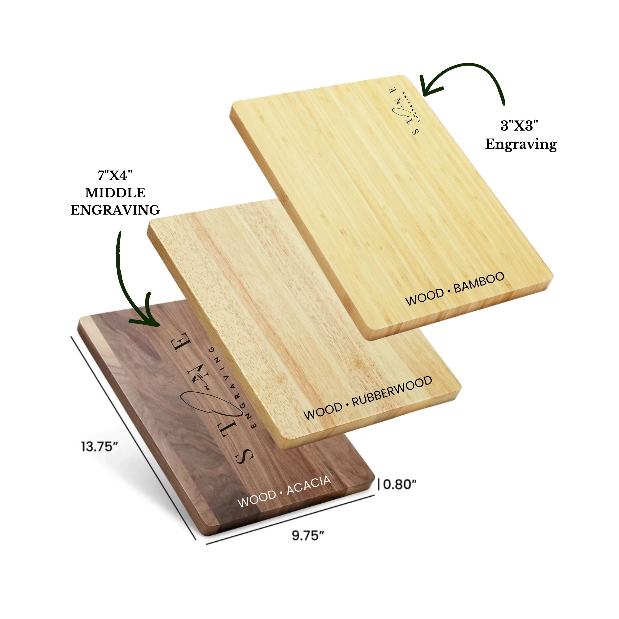 Personalized engraved cutting board in acacia, rubberwood, or bamboo, with engraving size options for your design.