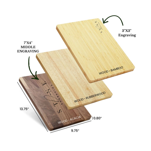 Personalized engraved cutting board in acacia, rubberwood, or bamboo, with engraving size options for your design.