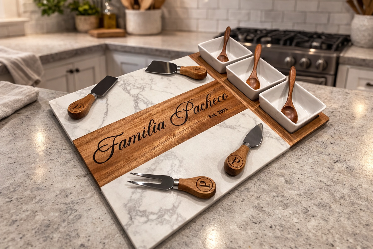 Shop a personalized marble and wood charcuterie board engraved with family name, plus matching cheese knives.